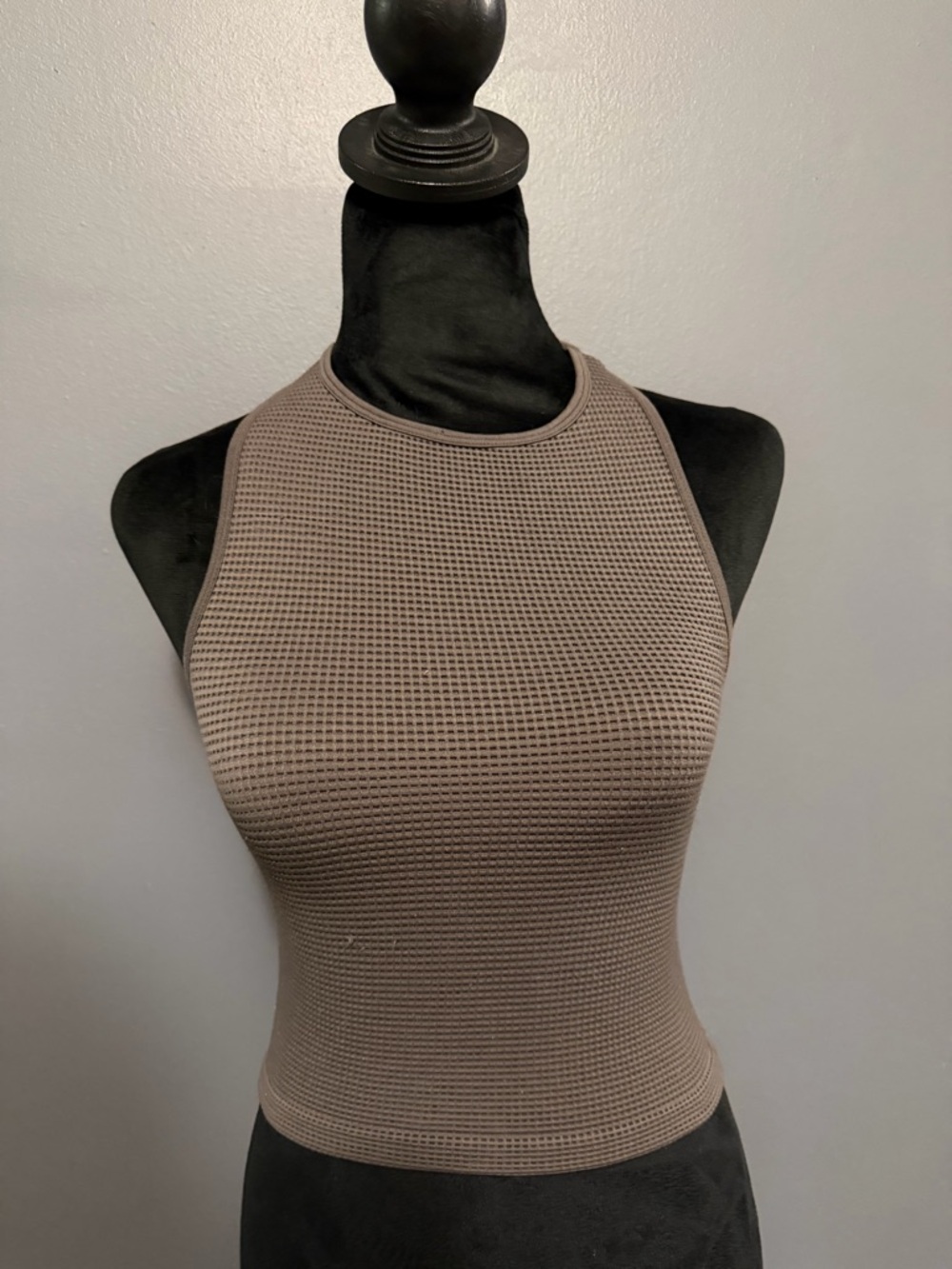 BKE Waffle Knit Racerback Crop Top in Taupe